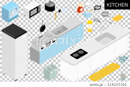 新生活で必要なキッチン用品のアイソメトリックイラスト 114225102