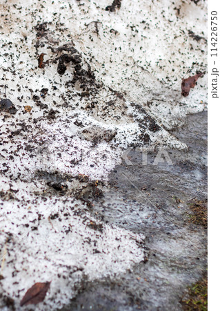 A freezing pile of snow with brown and grey spots resembling a geology pattern 114226750