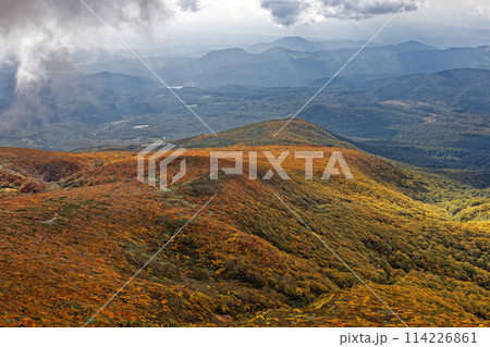 秋の栗駒山から見る紅葉の山肌 114226861