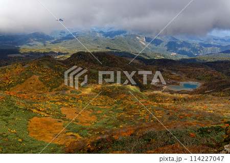 秋の栗駒山稜線から見る紅葉の山肌 114227047