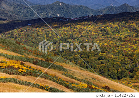 紅葉の栗駒山稜線から見る須川温泉 114227253