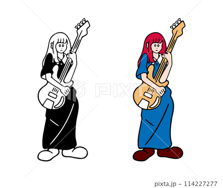 ベースギターを抱える女性のイラスト素材 114227277