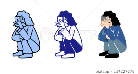 しゃがんでスマホで写真を撮る女性のイラスト素材 114227279
