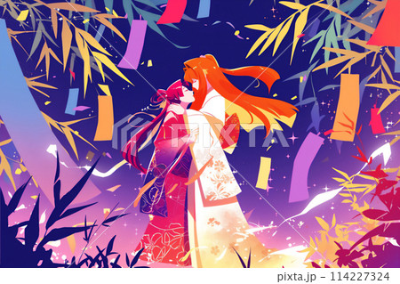 笹の葉の七夕の飾りに囲まれた織姫と彦星のイラスト 114227324