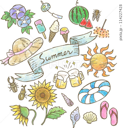 手描きの夏モチーフイラストセットのイラスト素材 [114227428] - PIXTA