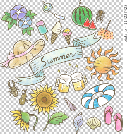 手描きの夏モチーフイラストセットのイラスト素材 [114227428] - PIXTA