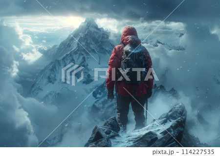Rear view of brave man standing on the peak of a mountain, surrounded by snow-capped peaks and swirling clouds. Goal achievement concept 114227535