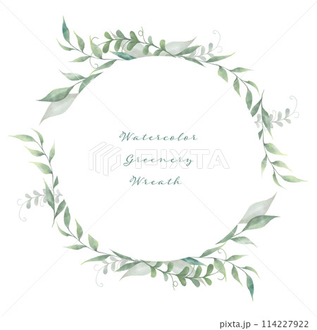 水彩の緑の葉の円形リース 水彩の緑の葉の円形リース 114227922