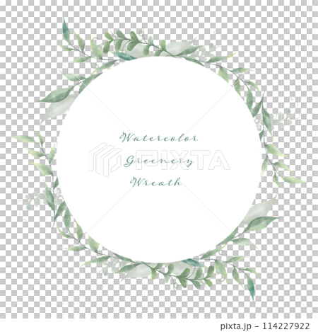 水彩の緑の葉の円形リース 水彩の緑の葉の円形リース 114227922