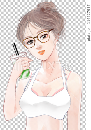 插圖描繪了一位擁有理想模特兒身材的美麗女性,她限製糖分的飲食,搭配冰沙 插圖描繪了一位擁有理想模特兒身材的美麗女性,她限製糖分的飲食,搭配冰沙 114227957