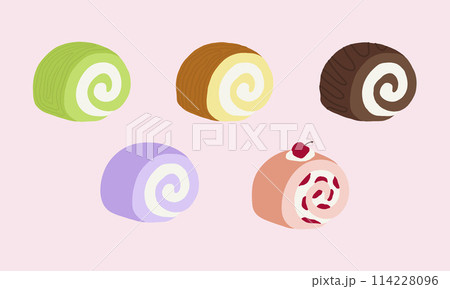 Hand drawn various flavours of yam rolls for bakery, pastry, cafe, restaurant, menu, recipe, sweet dessert, snack, baking, stickers, grocery shopping, supermarket, mart, kids, decoration, social media 114228096