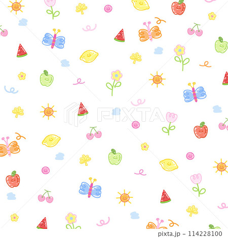 Doodle elements of butterfly, lemon, cherry, apple, watermelon, sun, flowers on a white background for floral print, fabric, fruity, wallpaper, pattern, spring, summer, picnic, cute textile, duvet 114228100