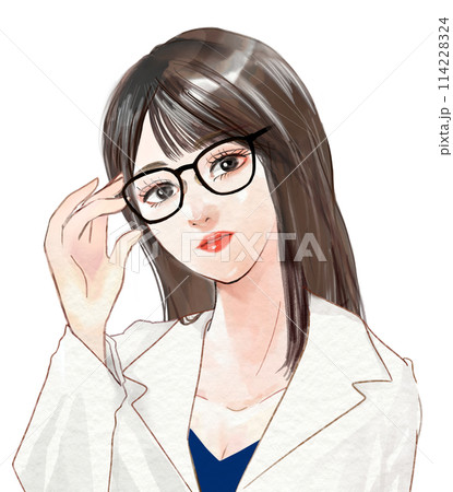 黒髪縁めがねの美人女医が解説する人物ポートレートイラスト 黒髪縁めがねの美人女医が解説する人物ポートレートイラスト 114228324