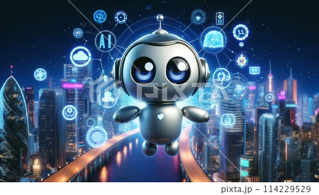バーチャル空間の可愛いロボットとたくさんのアイコン バーチャル空間の可愛いロボットとたくさんのアイコン 114229529
