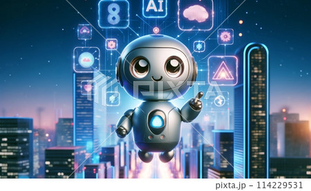 バーチャル空間の可愛いロボットとたくさんのアイコン 114229531