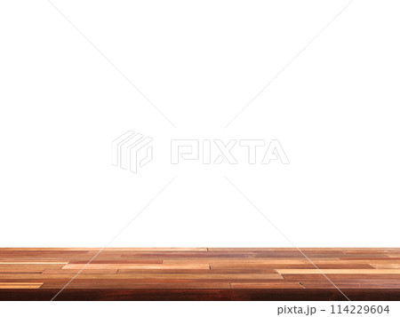 Beautiful empty wooden table Isolated with white background Beautiful empty wooden table Isolated with white background 114229604