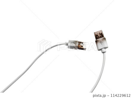 The micro usb charger for cell phone has electric shock marks, black marks from fire, danger. 114229612
