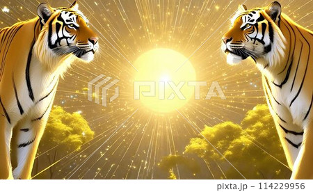 夕日のサバンナの草原とトラ 114229956