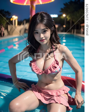 ピンクのビキニを着た女性が夜のプールの隅で腰かけている ピンクのビキニを着た女性が夜のプールの隅で腰かけている 114230079