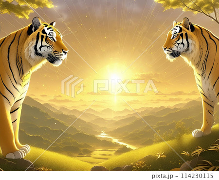 夕日のサバンナの草原とトラ 114230115