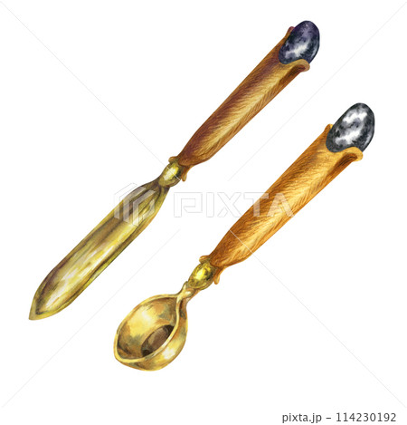 Antique spoon for melting sealing wax, knife for cutting paper from an antique writing set made of bronze with mahogany handles and semi-precious stone. Watercolor illustration for design template 114230192