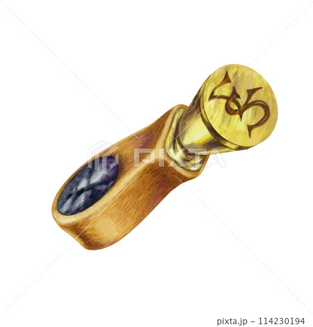 Antique seal an old writing set made of bronze with mahogany handles and semi-precious stone. Watercolor illustration for design template for antique store, scrapbooking, 114230194