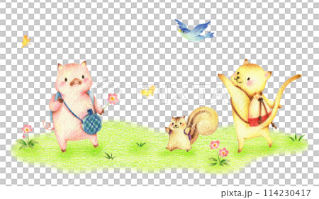 Pig, squirrel, cat and blue bird walking on a picnic in a green field Hand-drawn colored pencil drawing Pig, squirrel, cat and blue bird walking on a picnic in a green field Hand-drawn colored pencil drawing 114230417