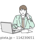メモを取り電話対応するビジネスマンのシンプルなイラスト　ベクター、白バック、白背景、背景なし 114230651