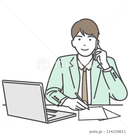 メモを取り電話対応するビジネスマンのシンプルなイラスト　ベクター、白バック、白背景、背景なし 114230651