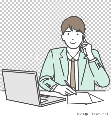 メモを取り電話対応するビジネスマンのシンプルなイラスト　ベクター、白バック、白背景、背景なし 114230651