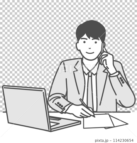 Simple monochrome illustration of a man working on a computer and on the phone. Vector material without background, white background, Simple monochrome illustration of a man working on a computer and on the phone. Vector material without background, white background, 114230654