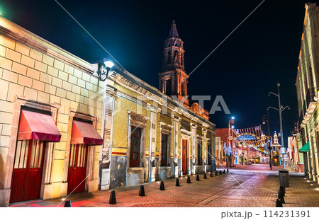 Downtown Aguascalientes, Mexico with Christmas decorations at night 114231391