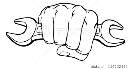 Fist Hand Holding Spanner Wrench Cartoon Concept 114232152