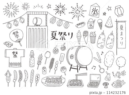 屋台の食べ物やお祭りにまつわる手描きイラストセット（モノクロ） 114232176