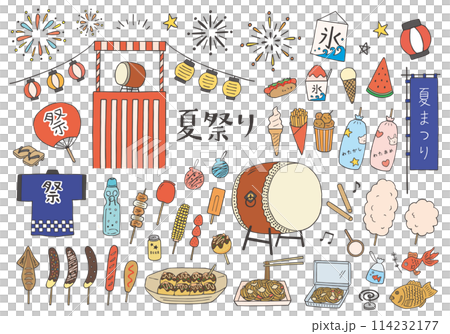 屋台の食べ物やお祭りにまつわる手描きイラストセット（カラー） 114232177