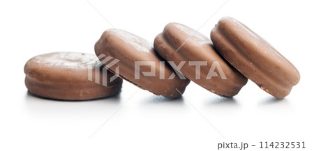 A Close-Up View of Chocolate Covered Biscuits on isolated White Background A Close-Up View of Chocolate Covered Biscuits on isolated White Background 114232531