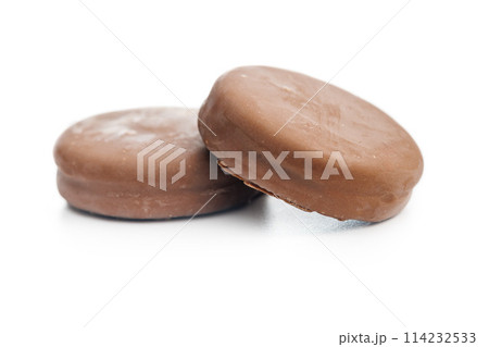 A Close-Up View of Chocolate Covered Biscuits on isolated  White Background 114232533