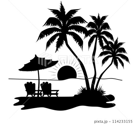 Palm trees with two lounge chairs and an umbrella with setting sun Illustrator 114233155
