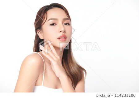 Beautiful young asian woman with clean fresh skin on white background, Face care, Facial treatment, Cosmetology, beauty and spa, Asian women portrait. Beautiful young asian woman with clean fresh skin on white background, Face care, Facial treatment, Cosmetology, beauty and spa, Asian women portrait. 114233206