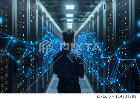 Young man in a modern data center. Network management and the work of AI mind 114233292