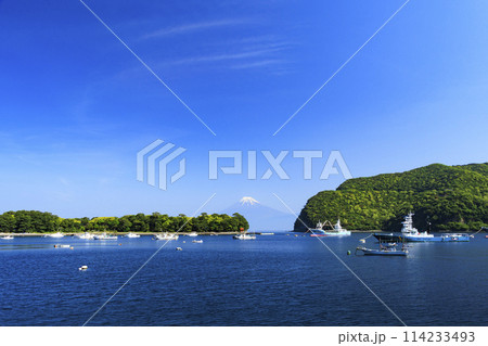 戸田漁港から望む冠雪の富士山 114233493