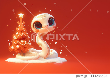 2025 New Year A white snake is sitting in front of a Christmas tree. The tree is decorated with many ornaments, including a star. The scene is festive and cheerful 114233598