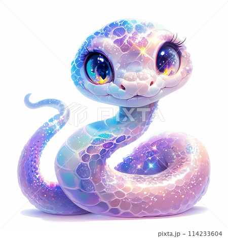 2025 A colorful snake with sparkles on its body and a cute face. The snake is sitting on a white background 114233604