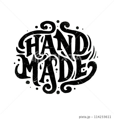 Handmade is a black and white logo with a white background. The logo is written in cursive style and has a flowing, artistic design. The logo conveys a sense of creativity and craftsmanship 114233611