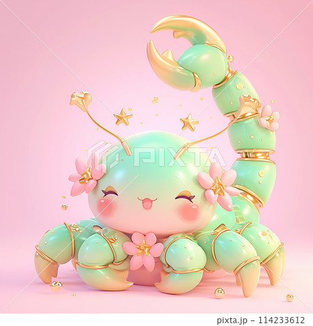 zodiac sign Scorpio with gold accents and stars on its body. The scorpion is smiling and he is happy zodiac sign Scorpio with gold accents and stars on its body. The scorpion is smiling and he is happy 114233612