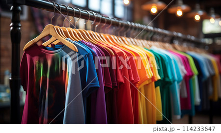 New Multicolored Casual T Shirts on Wooden Hangers in Clothing Rack Rainbow Colors T-Shirts Ai Generated 114233647