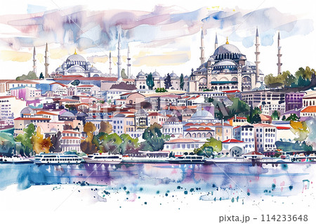 Istanbul A painting of a city with a large blue dome on top of a building. The painting is of a city with a river running through it. Istanbul A painting of a city with a large blue dome on top of a building. The painting is of a city with a river running through it. 114233648