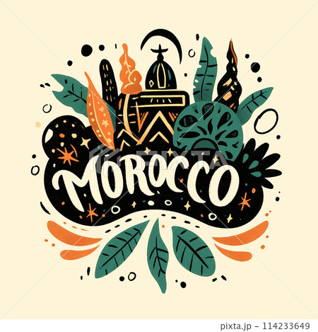 A colorful logo of a tree in the background. The word Morocco is written in the center 114233649
