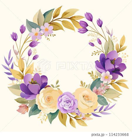 A flowery wreath with purple and yellow flowers. The flowers are arranged in a circle and are of various sizes. The wreath is very colorful and lively, giving off a cheerful and happy vibe A flowery wreath with purple and yellow flowers. The flowers are arranged in a circle and are of various sizes. The wreath is very colorful and lively, giving off a cheerful and happy vibe 114233668