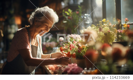 happy senior smiling and Selecting Flowers in the Flower Shop Happy Old Woman with Flowers AI generated 114233669